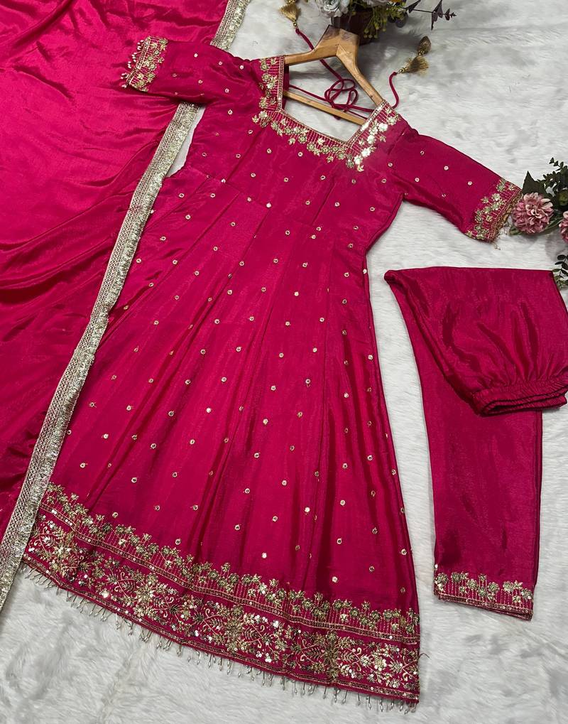 rani pink silk hand work embroidery party wear suit set 