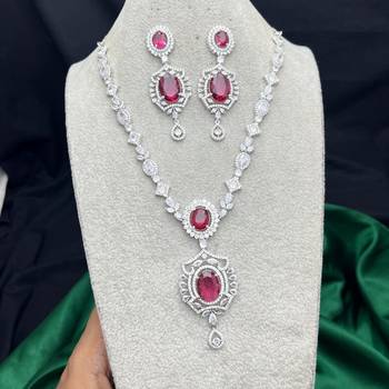 ruby red cz necklace and drop earrings set, silver plated bridal wedding jewellery 2