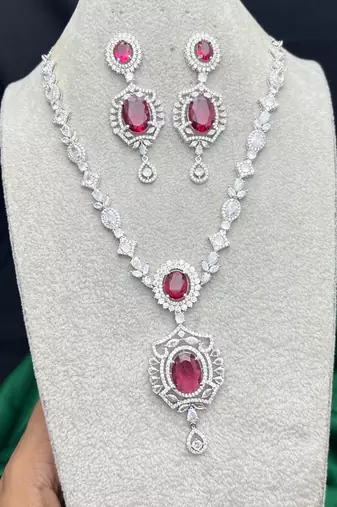 ruby red cz necklace and drop earrings set, silver plated bridal wedding jewellery