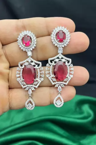 ruby red cz necklace and drop earrings set, silver plated bridal wedding jewellery