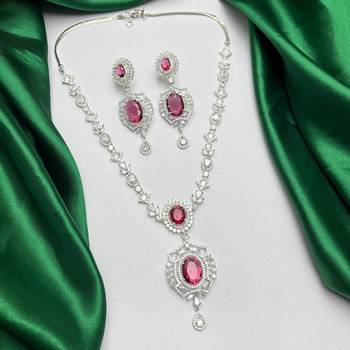 ruby red cz necklace and drop earrings set, silver plated bridal wedding jewellery 4