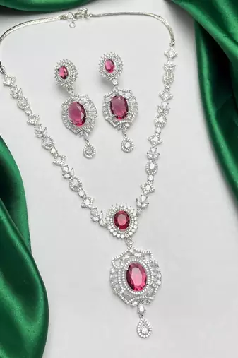 ruby red cz necklace and drop earrings set, silver plated bridal wedding jewellery