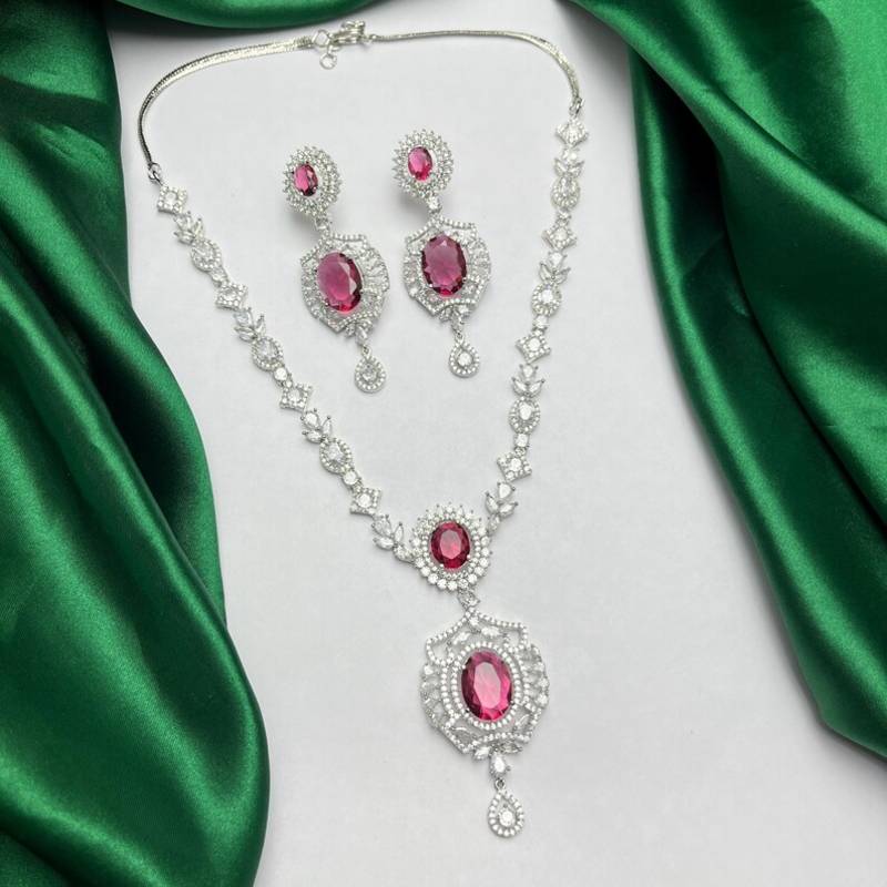 ruby red cz necklace and drop earrings set, silver plated bridal wedding jewellery
