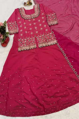 Pink simmer silk party wear  embroidery Skirt suit
