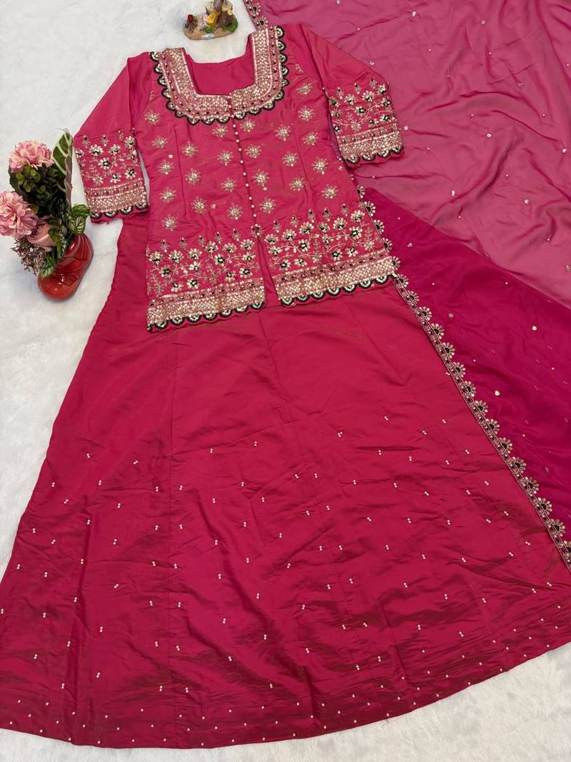 Pink simmer silk party wear  embroidery Skirt suit