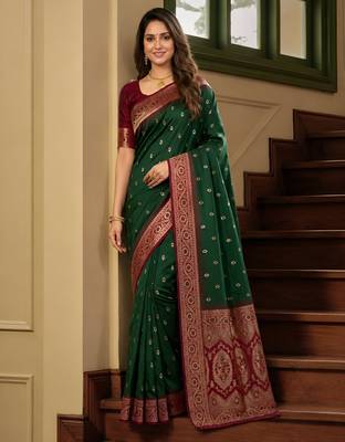 Green soft banarasi silk saree with zari weaving meenakari design 1