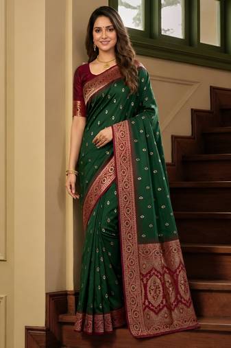 Green soft banarasi silk saree with zari weaving meenakari design