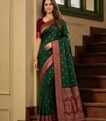 Green soft banarasi silk saree with zari weaving meenakari design
