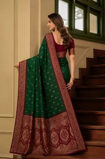 Green soft banarasi silk saree with zari weaving meenakari design