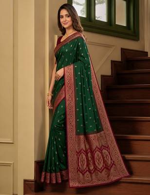 Green soft banarasi silk saree with zari weaving meenakari design 3
