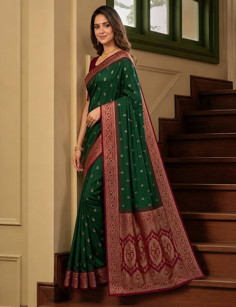 Green soft banarasi silk saree with zari weaving meenakari design
