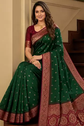 Green soft banarasi silk saree with zari weaving meenakari design
