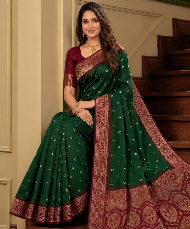Green soft banarasi silk saree with zari weaving meenakari design