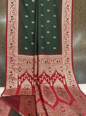 Green soft banarasi silk saree with zari weaving meenakari design 5