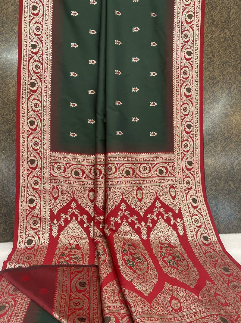 Green soft banarasi silk saree with zari weaving meenakari design