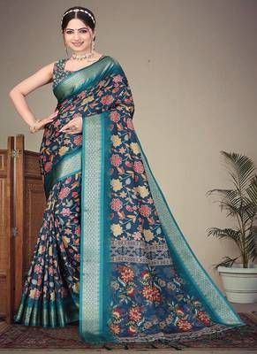 blue color digital printed work cotton blend saree 1