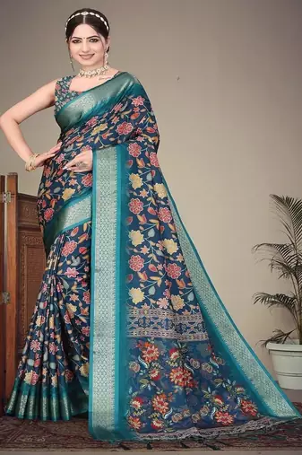 blue color digital printed work cotton blend saree