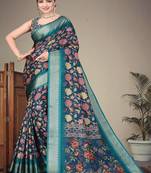 blue color digital printed work cotton blend saree