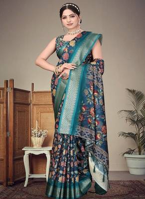 blue color digital printed work cotton blend saree 2