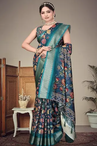 blue color digital printed work cotton blend saree