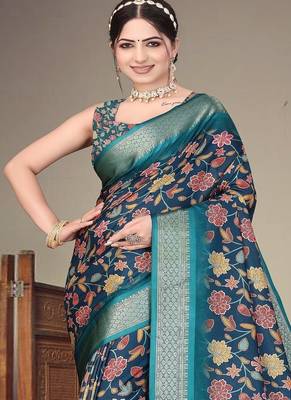 blue color digital printed work cotton blend saree 3