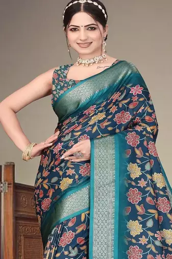 blue color digital printed work cotton blend saree