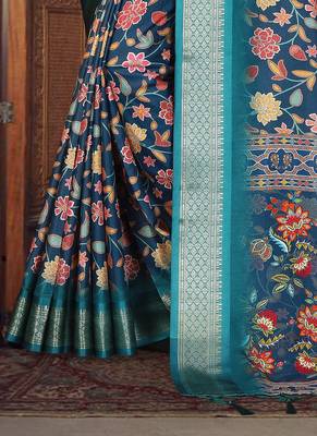 blue color digital printed work cotton blend saree 4
