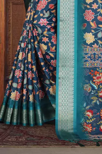 blue color digital printed work cotton blend saree
