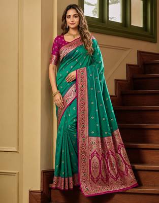 Sea green soft banarasi silk saree with zari weaving meenakari design 1