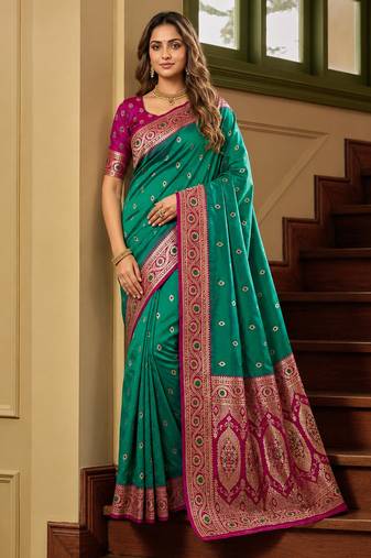 Sea green soft banarasi silk saree with zari weaving meenakari design