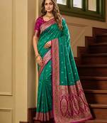 Sea green soft banarasi silk saree with zari weaving meenakari design
