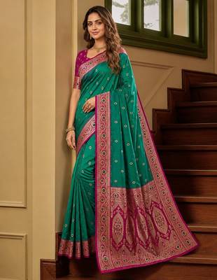 Sea green soft banarasi silk saree with zari weaving meenakari design 2