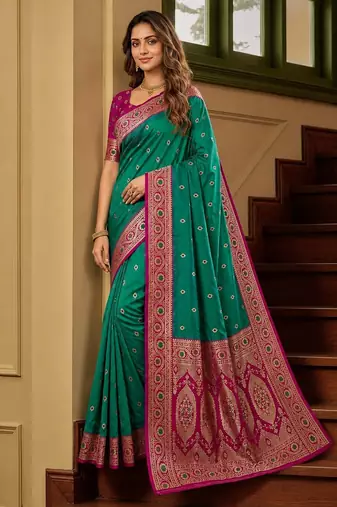Sea green soft banarasi silk saree with zari weaving meenakari design