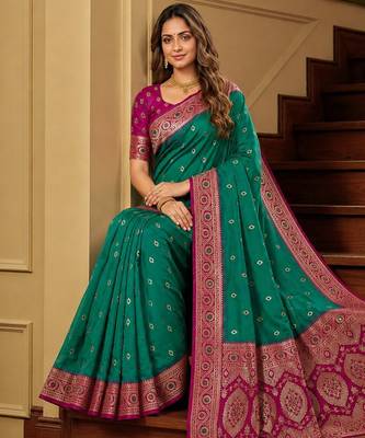 Sea green soft banarasi silk saree with zari weaving meenakari design 3