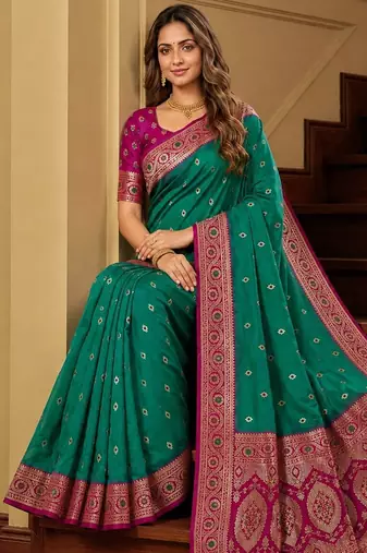 Sea green soft banarasi silk saree with zari weaving meenakari design
