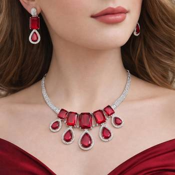 ruby red crystal statement necklace earring set  teardrop emerald bridal jewellery 1