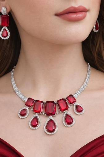 ruby red crystal statement necklace earring set  teardrop emerald bridal jewellery