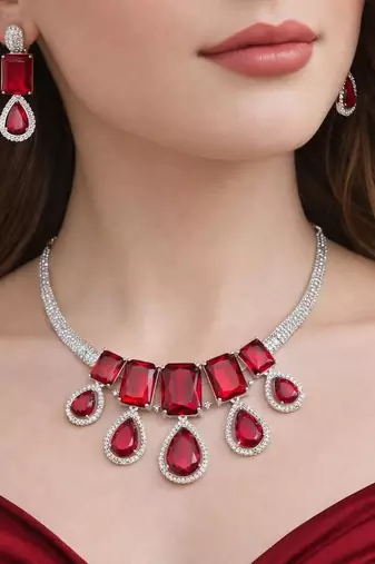 ruby red crystal statement necklace earring set | teardrop emerald bridal jewellery