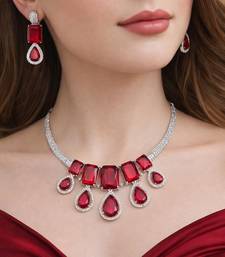 ruby red crystal statement necklace earring set  teardrop emerald bridal jewellery