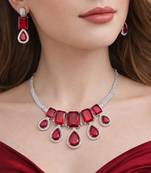 ruby red crystal statement necklace earring set  teardrop emerald bridal jewellery