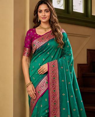 Sea green soft banarasi silk saree with zari weaving meenakari design 4