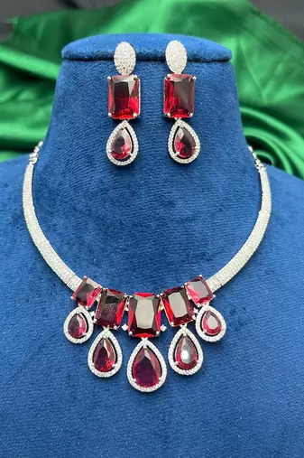 ruby red crystal statement necklace earring set | teardrop emerald bridal jewellery
