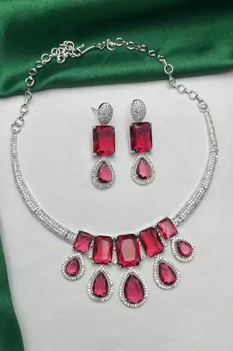 ruby red crystal statement necklace earring set | teardrop emerald bridal jewellery