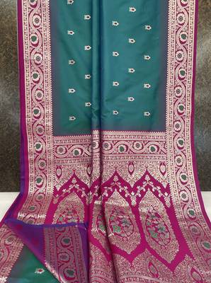 Sea green soft banarasi silk saree with zari weaving meenakari design 5