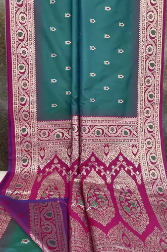 Sea green soft banarasi silk saree with zari weaving meenakari design