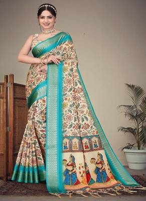 cream color digital printed work cotton blend saree 1