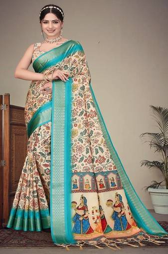 cream digital printed work cotton blend saree