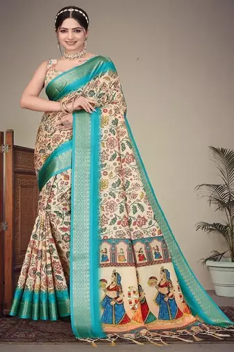 cream color digital printed work cotton blend saree