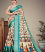 cream color digital printed work cotton blend saree