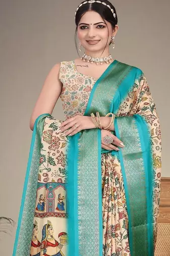 cream color digital printed work cotton blend saree